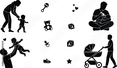 Baby care and parenting silhouette set with mother helping toddler dad feeding newborn stroller and toys vector