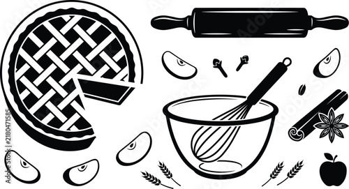 Baking apple pie vector icons set featuring lattice tart rolling pin whisk bowl and cinnamon silhouettes