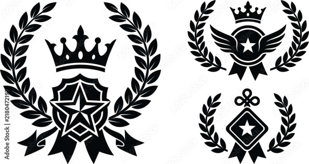 Fototapeta premium Set of black and white award emblems and laurel wreath badges with stars and crowns