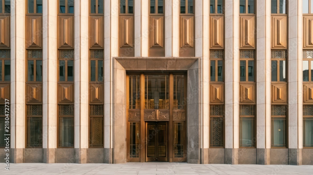 Obraz premium Art deco building facade with symmetrical bronze windows and ornate entrance door. Elegant geometric architecture of luxury office tower with stone and gold details. Vintage urban design concept