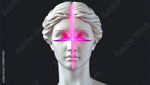 Classical white marble statue head with glowing pink laser lines across face