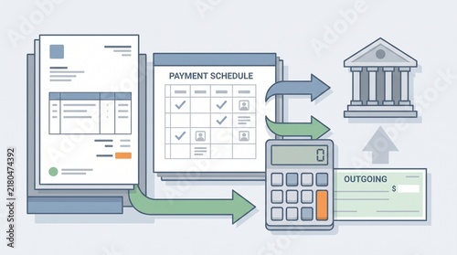 A diagram illustrating the accounts payable workflow with invoices payment schedules calculator with infographic showing financial process managing invoices outgoing payments through bank institution