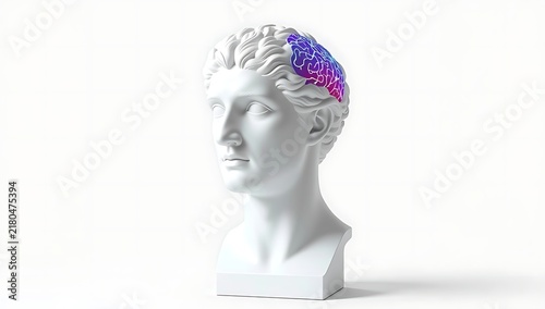 White marble sculpture head with glowing neural pathways in the brain