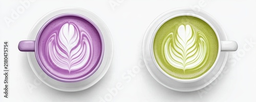 Ube and Matcha drink on white background,Iced Ube Latte,and matcha latte,PopularTrendy Purple Coffee Shop,plant based recipes,superfood,menu and banner,Healthy and wellness concept.