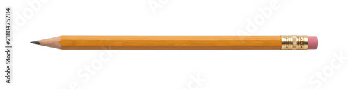 A sharpened yellow wooden pencil with a pink eraser and metal ferrule on a white background