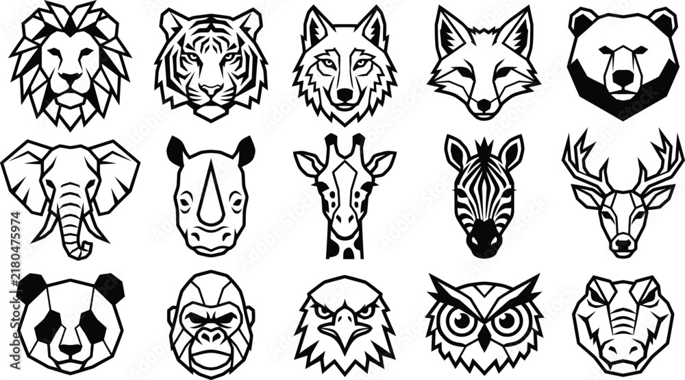 Fototapeta premium Geometric Animal Faces Collection Hand-Drawn Wildlife Line-Art Logo Set