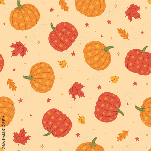 Autumn seamless pattern with pumpkins, stars and colorful leaves.