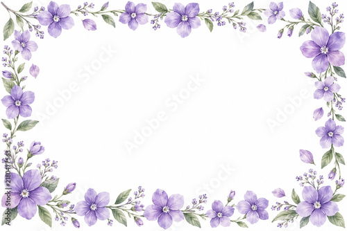Elegant watercolor purple floral frame with green leaves and white copy space for wedding invitation or greeting card
