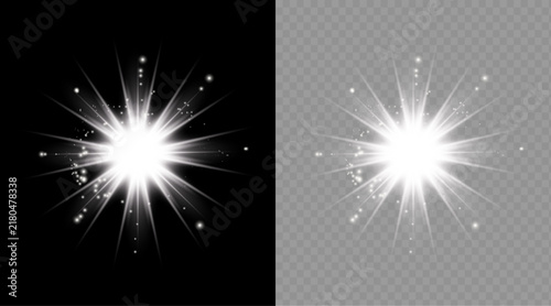 Bright starburst explosion with light flares and sparkles isolated on transparent background