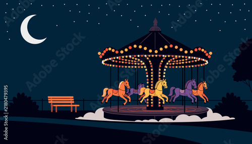 Empty Carousel at Night with Glowing Bulbs, Flat Vector Melancholic Sleeping Amusement Park Illustration