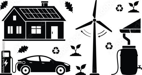Sustainable housing technology icons bundle with eco house solar power wind turbine ev charging car and rain barrel