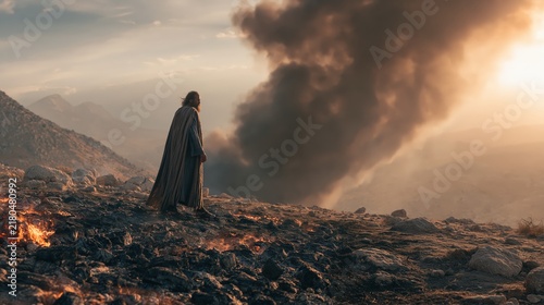 Elijah standing before the altar after divine fire consumes the sacrifice on Mount Carmel.