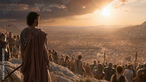 Joshua overlooking the victorious Israelite army as the sun stands still above the battlefield by divine command.