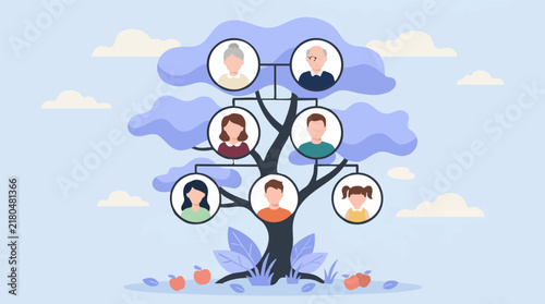 Foto Family tree illustration with generations and avatars on a blue sky background