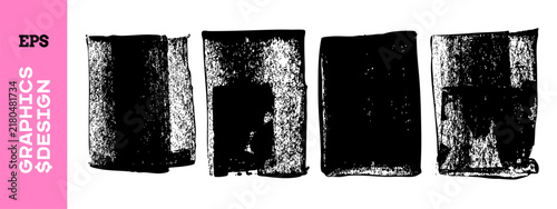 Hand drawn ink roller texture banners. Grunge stamp shapes with linocut  texture. Hand crafted letterpress geometric forms. Rough detailed vintage poster set. Vector illustration