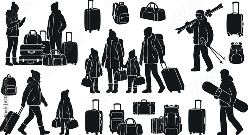 Winter travel and airport transit silhouette icons set featuring family tourists with luggage suitcases skis and snowboard vector