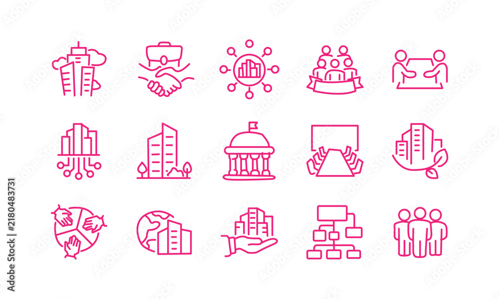 Obraz premium Corporate business line icons set, 15 pink outline icons for company management, professional office and teamwork vector symbols