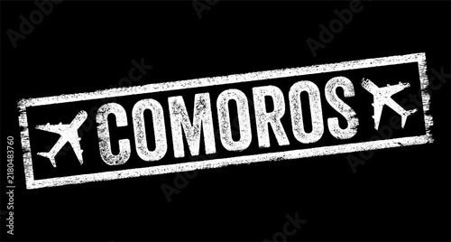 Bild auf Leinwand Comoros grunge rubber stamp text with airplane icons, island country name in Indian Ocean off Africa, travel concept for passport arrival marks, tourism destination, flights and vacation trips