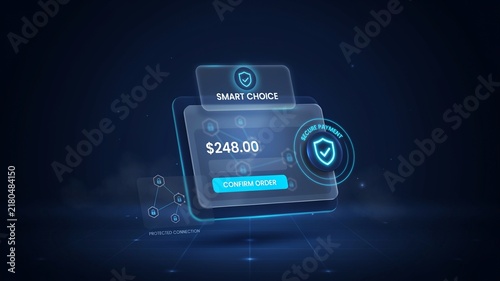 Futuristic secure payment interface with smart choice badge. Digital online banking transaction screen with confirm order button. Cyber security fintech dashboard.