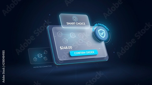 Futuristic digital payment interface with confirm order button, smart choice secure transaction concept, glowing neon blue fintech dashboard for online shopping apps