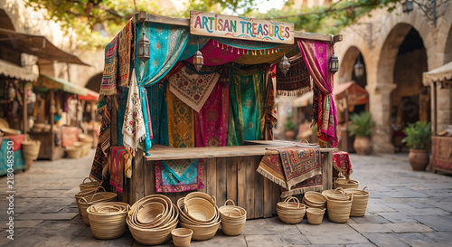 An empty, colorful market stall setup.