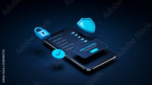 Cybersecurity mobile phone risk control interface, 3D smartphone data protection with shield and padlock icons, digital security privacy concept on dark background.