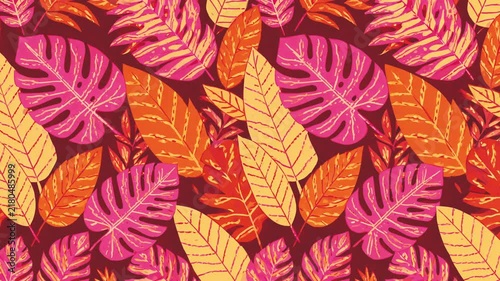 An abstract seamless tropical pattern background featuring bright pink monstera leaves, warm orange foliage, and yellow palm fronds for dynamic frame-by-frame motion animation.