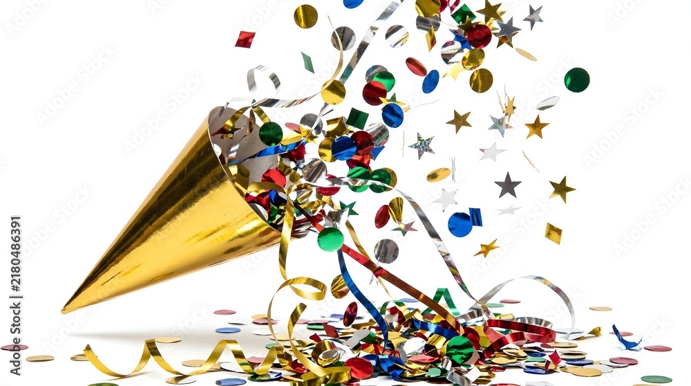 Naklejka premium Gold party horn popper exploding with colorful confetti and streamers