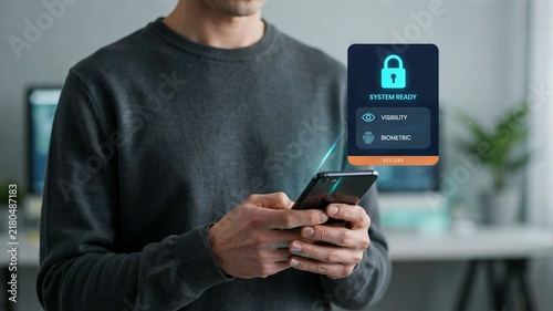 Cybersecurity mobile app interface with system ready lock icon, man using smartphone for secure biometric authentication, digital data protection and privacy concept.