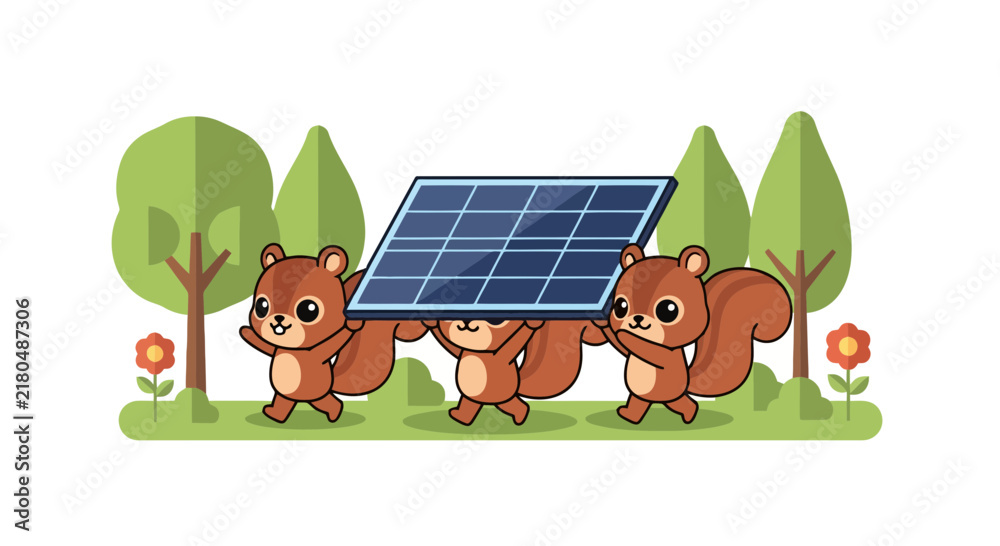 Fototapeta premium Three cute cartoon squirrels carrying a solar panel through a grassy field with trees and flowers.