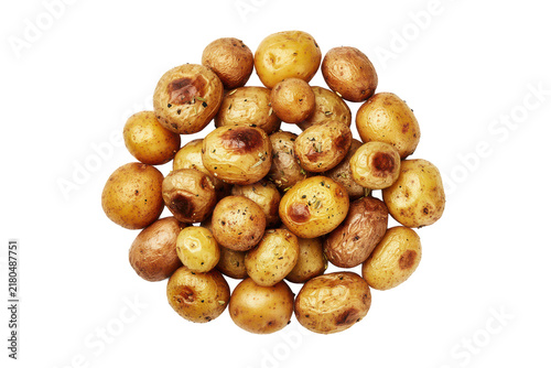 A pile of roasted baby potatoes with herbs and golden brown skin texture isolated on a transparent background