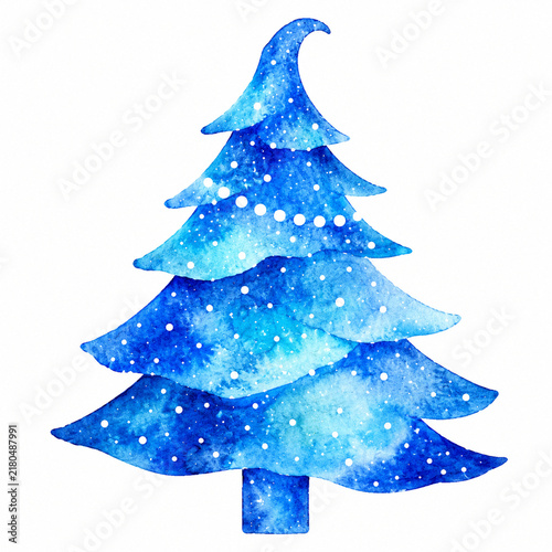 Blue Watercolor Christmas Tree with Snowy White Dots on Clean White Background
