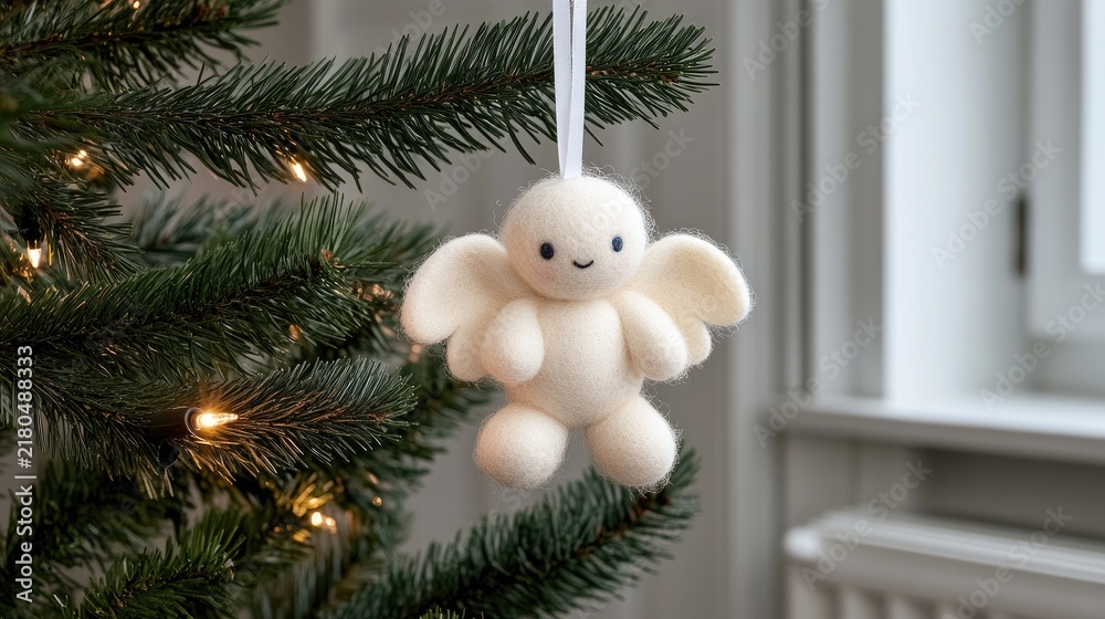Fototapeta premium A charming wool angel ornament gracefully adorns a Christmas tree, radiating warmth and joy in soft natural lighting