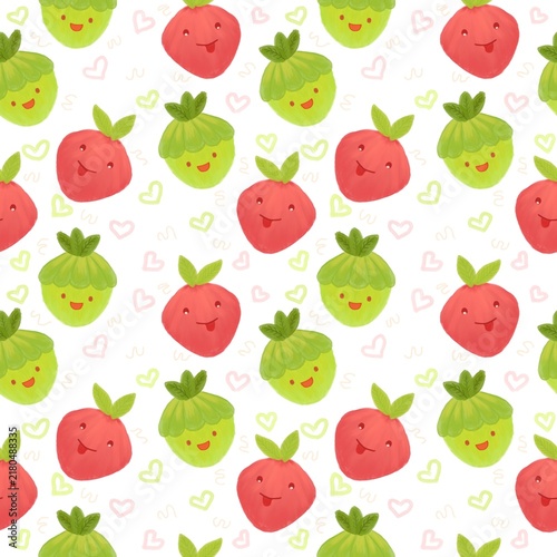 A seamless pattern featuring cute red radishes and green turnips with leafy tops, smiling faces, and tiny decorative hearts on white.