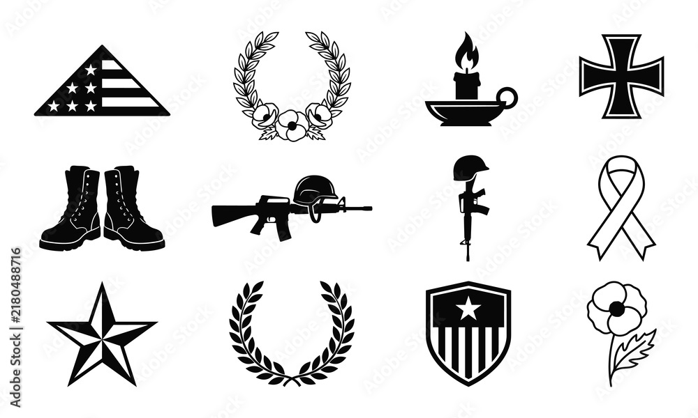 Fototapeta premium Memorial Day and Veteran Remembrance Silhouette Icon Set