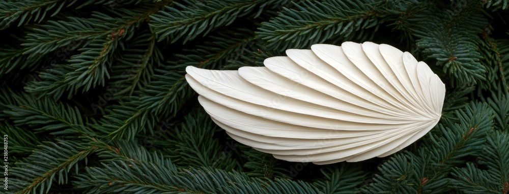 Fototapeta premium Delicate white feather angel wings gracefully dangling from a tree as a charming Christmas ornament adding magic to the holiday season