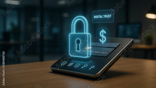 Digital trust and cybersecurity concept with glowing blue padlock icon on credit card. Secure online payment technology for financial data protection in office setting.
