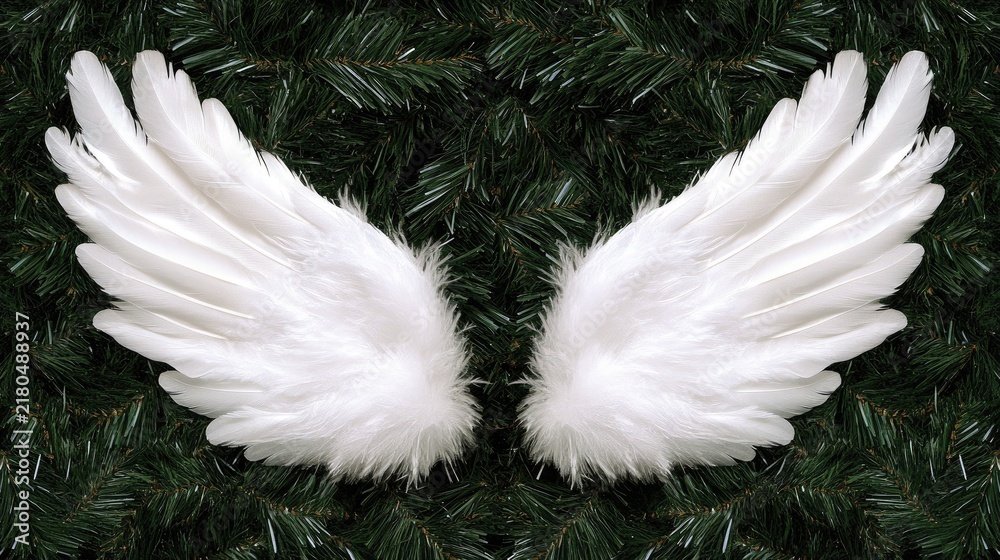 Fototapeta premium Delicate white feathered angel wings grace an evergreen tree as a charming holiday ornament in a festive setting