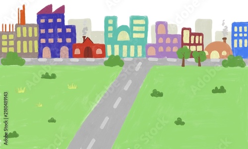 A cheerful city landscape with colorful buildings, a road, green lawn, trees, and simple urban scenery in a playful handdrawn style.