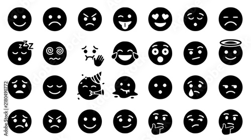 Flat Minimal Emoji Mood Icon Set with Expressive Black Faces for Messaging and Social Media