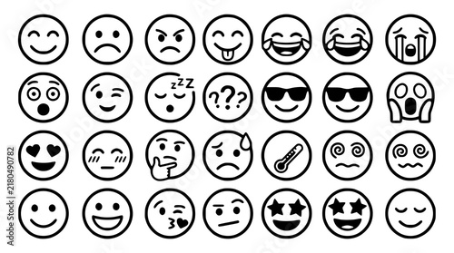 Minimal Black Emoji Face Icon Set with Happy Sad Angry Playful Expressions for UI and Social Media