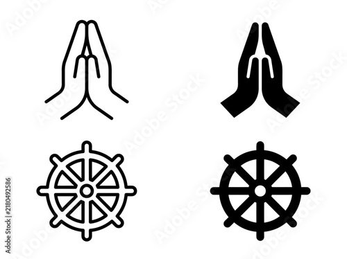 Obraz na płótnie Praying hands and religious wheel outline and solid vector icons