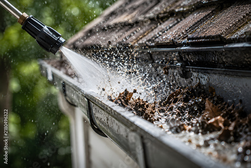 Pressure washing clogged house gutters, high pressure water cleaning roof gutter system, home maintenance service