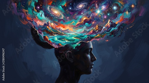 Surreal digital painting of universe, galaxies, and mountains expanding from open mind of human head profile, representing creative imagination, consciousness, and universe