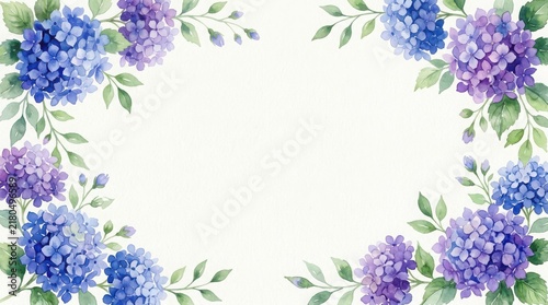 Beautiful watercolor frame with purple and blue hydrangea flowers and green leaves isolated on a clean white background