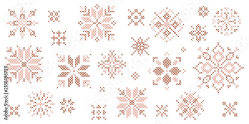 Cross stitch snowflake set with geometric embroidery motifs, folk winter vector illustration elements, cozy Christmas embroidery pattern clipart in pastel neutral brown tones on white background