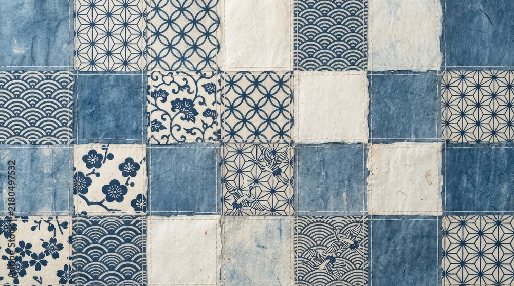 Abstract japanese style seamless pattern tiles with blue and white colors featuring geometric lines and floral motifs