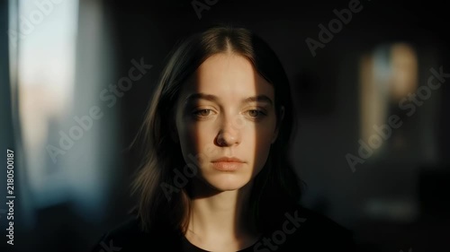 Portrait of a sad young woman with face half in shadow. Concept of depression and mental health struggles