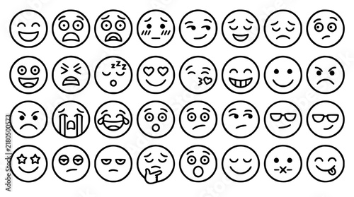 Modern Black Outline Emotion Face Icon Pack for UI Chat and Social Media