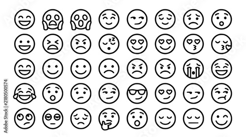 Black Emotional Reaction Icons Collection with Simple Expressive Faces Vector Set